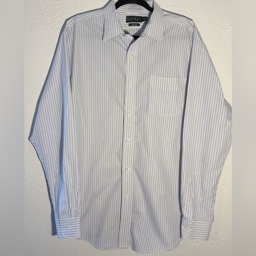 Lauren Ralph Lauren Men's Cotton Non Iron Blue & White Striped Shirt Size 17.5